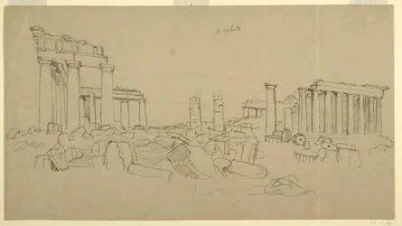 Udsigt over Parthenon og de omkringliggende ruinfragmenter fra Vesten, Athen, Grækenland