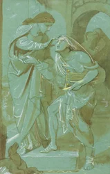 Studie for The Blind Man of Bethsaida på nordmuren af Chapel of the Ascension, London (pen & blæk og akvarel på grønt papir)