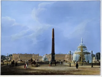 Udsigt over Luxor-obelisken og springvandene, Place de la Concorde - i "Paris 1832" af Martens. Ed. Weith og Hauser.