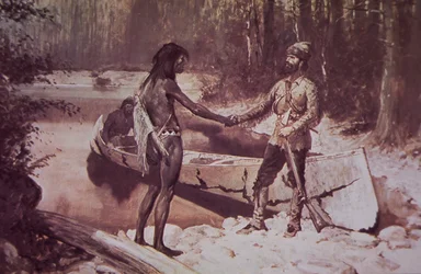 Fransk-canadisk pelsfanger, der gør forretninger med indianer, slutningen af det 19. århundrede (farve litho)