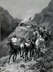Geronimo og hans band vender tilbage fra et raid til Mexico (olie på lærred)