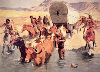 Indianere angriber et pionervogntog (olie på lærred)