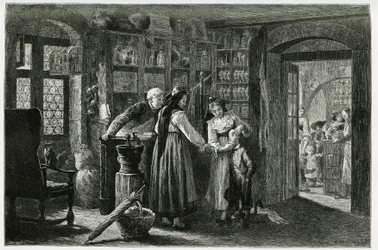 Hos apoteket i landsbyen Kaysersberg (eller Kaisersberg, Alsace), en akut konsultation. Gravering af F.Lix, for at illustrere historien "Gennem Alsace og Lorraine", i 1884, af Charles Grad (1842-1890), tysk stedfortræder, forfatter og naturforsker. Pub