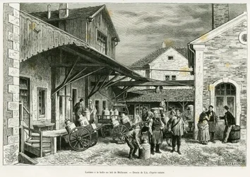 Mejeri i Mælkehallen i Mulhouse. Gravering af Lix til illustration af historien A travers l