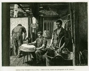 Inde i en ostefabrik. Gravering af Lix, for at illustrere historien A Through Alsace and Lorraine, af Charles Grad, tysk deputeret, i 1885, i tour du monde 1887, under ledelse af Edouard Charton (1807-1890), Hachette, Paris.