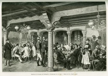 Interiør i Tiefenkeller-værtshuset i Strasbourg. Gravering af Lix, for at illustrere historien A Through Alsace and Lorraine, i 1887, af Charles Grad, tysk deputeret, i tour du monde 1888, instrueret af Edouard Charton (1807-1890), Hachette, Paris.