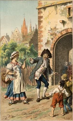 Populær sang: "A Paris y a-t-une dame"". En mand gør grin med en stuepige, så ansigtet er dækket af polish. Illustration af Frederic Theodore Lix (1830-1897) i "" Chansons et rounds enfantines des provinces de la France""