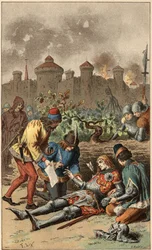 Populær sang: "It was the Grand Duke of Maine"". Hertugen af Maines død, gennemboret af en pil. Illustration af Frederic Theodore Lix (1830-1897) i "" Chansons et rounds enfantines des provinces de la France""
