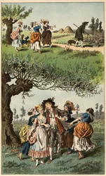 Populær sang: "Vi var tre piger"". Illustration af Frederic Theodore Lix (1830-1897) i "" Chansons et rounds enfantines des provinces de la France""