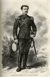 Portræt af den rejsende og fortæller oberstløjtnant af Prjewalski, tegning af F.Lix til illustration af rejsen til Mongoliet og Tanguternes land fra 1870 til 1873, af oberstløjtnant af Prjewalski. Indgravering i Le tour du monde