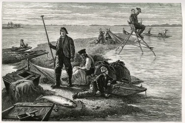 Laksefiskeri. Gravering af F.Lix, for at illustrere historien "Gennem Alsace og Lorraine", i 1884, af Charles Grad (1842-1890), tysk stedfortræder, forfatter og naturforsker. Udgivet i Le Tour du monde, nouveau journal des voyages, 2. semester 1885, redige