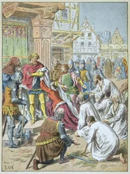 Belejring af Calais af Edward III i 1346 - 1347. Dronning Philippa de Hainaut bad sin brudgom om at give borgerne i Calais.