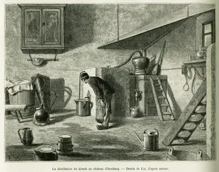 Destillationen af kirsch på slottet Isenburg. Gravering af Lix, for at illustrere historien A Through Alsace and Lorraine, i 1887, af Charles Grad, tysk deputeret, i tour du monde 1888, instrueret af Edouard Charton (1807-1890), Hachette, Paris.
