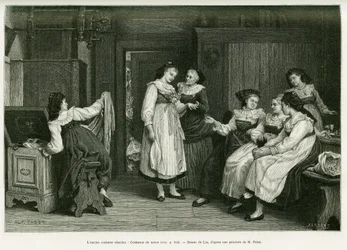 Den gamle Alsace-dragt. Gravering af Lix, efter et maleri Present de Noces af Pabst, for at illustrere historien A Through Alsace and Lorraine, af Charles Grad, tysk deputeret, i 1885, i tour du monde 1887, under ledelse af Edouard Charton (1807)