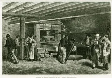 Vinpressen for de alsaciske vinmagere. Gravering af Lix, for at illustrere historien A Through Alsace and Lorraine, i 1887, af Charles Grad, tysk deputeret, i tour du monde 1888, instrueret af Edouard Charton (1807-1890), Hachette, Paris.