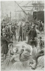 Victor Hugo hylder en universel republik under en tale, mens han var i eksil den 1. august 1852, 19. århundrede (bw-gravering)