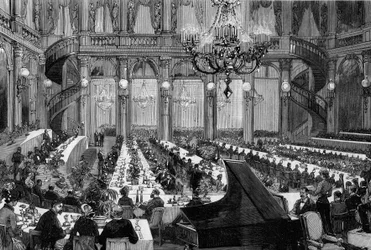 Middagskoncert i festsalen på Grand Hotel de Paris. Indgravering af De Haenen i "" The Illustrous World"" nr. 1250 af 12. marts 1881.