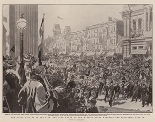 Flådebrigaden i byen, overborgmesteren i palæet, mens han ser processionen passere forbi