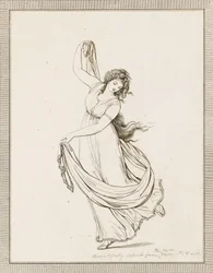 Emma, Lady Hamilton, i en klassisk positur, dansende og balancerende på sin højre fod