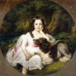 En ung pige hviler i et landskab med sin hund,
