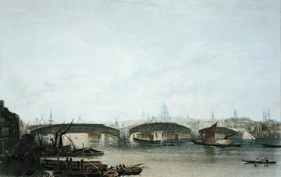 A View of Southwark Bridge, som den så ud i maj 1818, indgraveret af W. Bennett efter en tegning af originalen af W.H. Timms