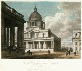 Udsigt over Greenwich Hospital (Kent, England), beskrivelse af kuplen og det nordøstlige hjørne af kong Williams (William) gård, med hallens nordfacade malet bagved, og med en del af dronning Marys gård og kapel