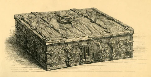 Træ- og læderskrin, 1350-1370, 1881.