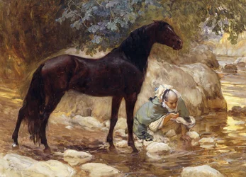 En araber der vander sin hest ved en flod, ca. 1890-1900