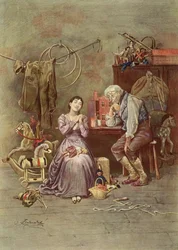 Caleb Plummer og hans blinde datter, scene fra "The Cricket on the Hearth" (1845) af Charles Dickens (1812-70)