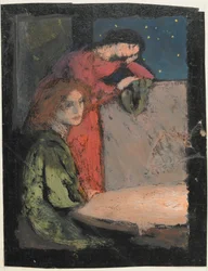To piger ved et bord Se ud på en stjerneklar nat, 1905 (tempera på kort)
