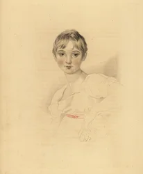 Portræt af Lucy Meredith, niece af Sir Thomas Lawrence. Ung pre-teen pige i hvid kjole med pink bånd bælte. Håndtonet gravering af Frederick Christian Lewis efter en illustration af Sir Thomas Lawrence fra P.G. Patmore