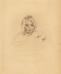 Portræt af Mary Isabella Bloxam, niece til Sir Thomas Lawrence. I motorhjelm med bånd. Håndtonet gravering af Frederick Christian Lewis efter en illustration af Sir Thomas Lawrence fra P.G. Patmore