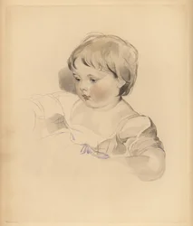 Portræt af Rowland Bloxam, nevø til Sir Thomas Lawrence. Buttet dreng i kjole bundet med blåt bånd. Håndtonet gravering af Frederick Christian Lewis efter en illustration af Sir Thomas Lawrence fra P.G. Patmore