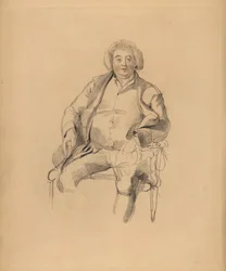 Portræt af Sir Thomas Lawrences far, kroejer Thomas Lawrence. Portly mand i paryk siddende på en stol. Håndtonet gravering af Frederick Christian Lewis efter en illustration af Sir Thomas Lawrence fra P.G. Patmore