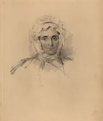 Portræt af Sir Thomas Lawrences mor Lucy Read tæt på døden. I hætte og højhalset kjole. Håndtonet gravering af Frederick Christian Lewis efter en illustration af Sir Thomas Lawrence fra P.G. Patmore