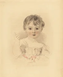 Portræt af Thomas Lawrence Bloxam, nevø til Sir Thomas Lawrence. I kjole bundet med et lyserødt bånd. Håndtonet gravering af Frederick Christian Lewis efter en illustration af Sir Thomas Lawrence fra P.G. Patmore