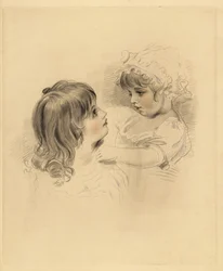 Portræt af to børn. Den ældste holder et modvilligt yngre barn i motorhjelm og kjole. Håndtonet gravering af Frederick Christian Lewis efter en illustration af Sir Thomas Lawrence fra P.G. Patmore