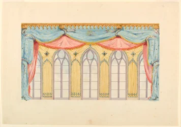 Tegning, vinduesdekoration, sandsynligvis til østvæggen i musiklokalet, Royal Pavilion, Brighton, 1820