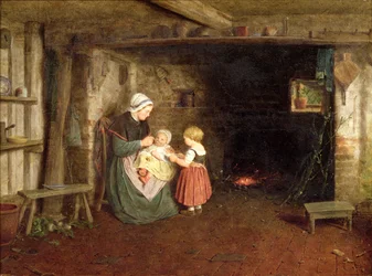 Forventning: Interiør af et sommerhus med en mor og børn, 1854