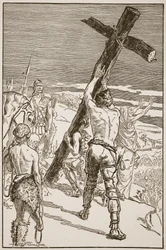 Oswald rejser korset, illustration fra "The Church of England: A History for the People