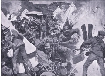 Boere, der plyndrer den britiske lejr ved Nooitgedacht under artilleriild, fra After Pretoria: The Guerilla War udgivet af Harmsworth Bros Limited, 1901