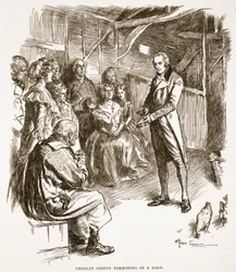 Charles Simeon prædiker i en lade, illustration fra 