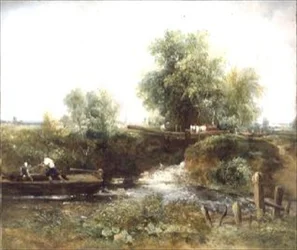 Flod med Horses Crossing og Skiff
