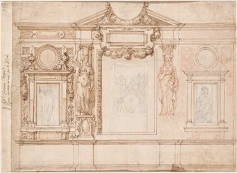 Design til en vægdekoration med indsatte skitser efter Raphael (verso)