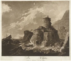 Slot på klippekysten og skibe i storm på havet La Tempête (titel på objekt)