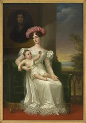 Josephine de Leuchtenberg, dronning af Sverige og Norge, med sin søn Karl XV i armene, siddende foran et portræt af kong Oscar I, Portræt af Josephine af Leuchtenberg (1807-1876), dronning af Sverige og Norge, af Fredric Westin (1782-1862)