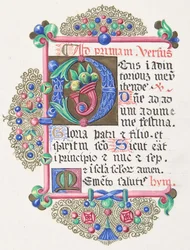 Oplyst bogstav D inden for en dekoreret grænse, 1830-62.