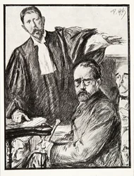 Dreyfus ved sin retssag, fra History of the Third Republic, Vol. I, Politisk historie, udg. 1933 (litho)