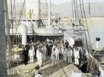 Fransk flåde, slutningen af 1800-tallet: Lønmesteren, uddeling af breve - Bibl. des Arts deco.