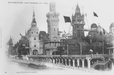 Postkort, der viser de udenlandske pavilloner på Rue des Nations ved Exposition Universelle i 1900